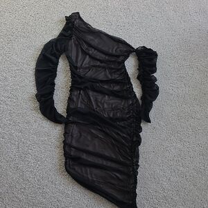 VENUS Black One-Shoulder Ruched Mesh Bodycon Dress